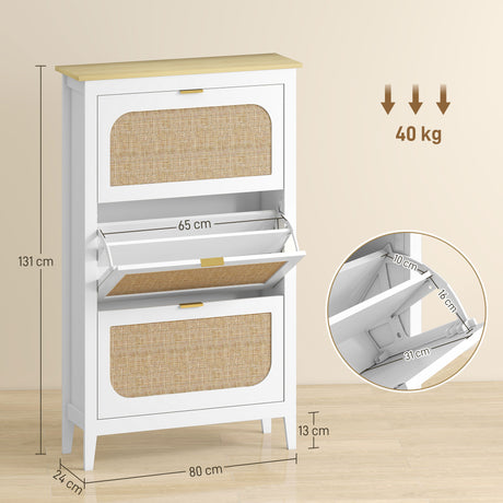 Wooden Shoe Storage Cabinet 80cm Wide With 3 Rattan Flip Doors - Velmora