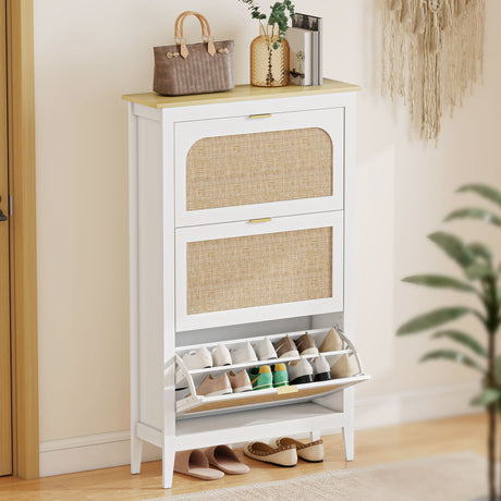 Wooden Shoe Storage Cabinet 80cm Wide With 3 Rattan Flip Doors - Velmora