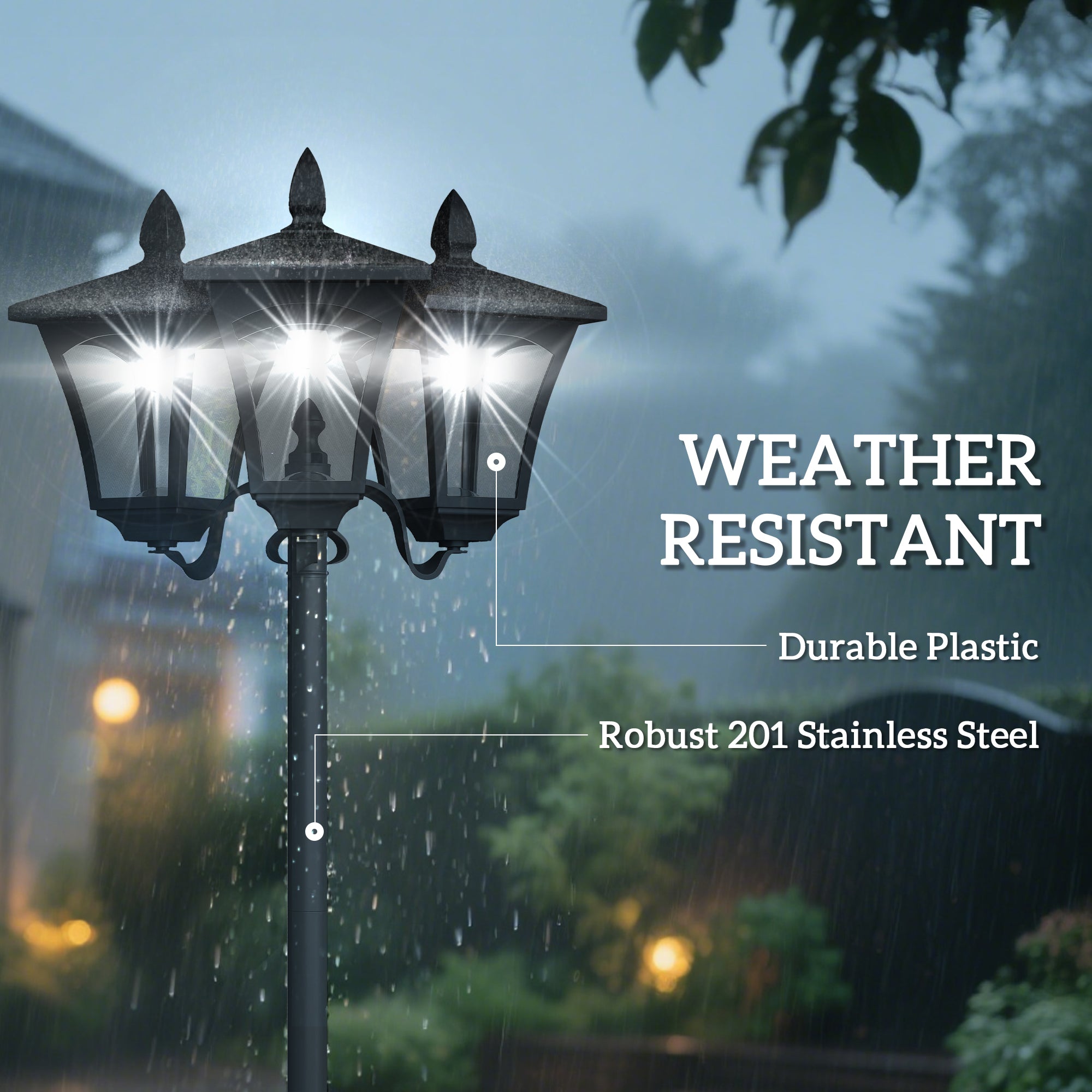 ABS Plastic 1.8m Tall Traditional Victorian Style 3 Way Head Garden Solar Lamp Post - Velmora