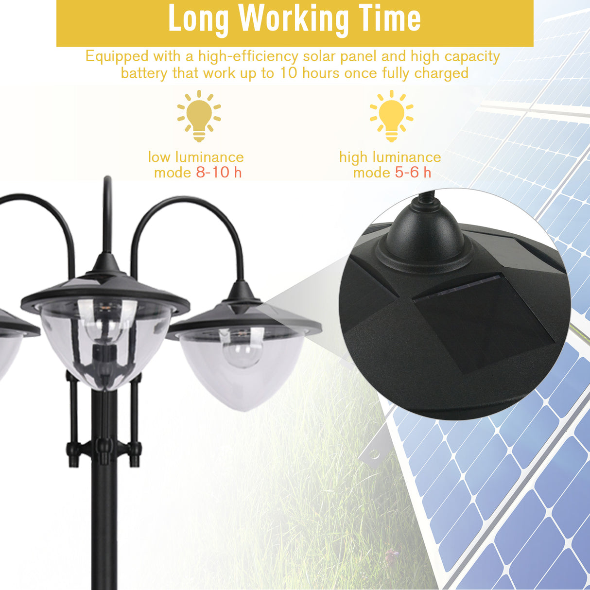 ABS Plastic 189cm 3-head Solar Powered Garden Lamp Post With Planter - Velmora
