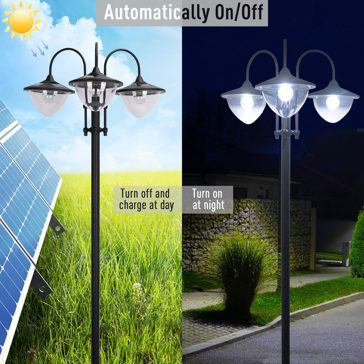ABS Plastic 189cm 3-head Solar Powered Garden Lamp Post With Planter - Velmora