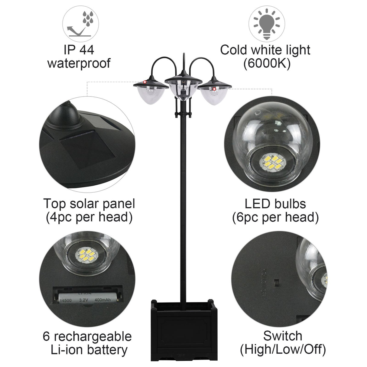 ABS Plastic 189cm 3-head Solar Powered Garden Lamp Post With Planter - Velmora
