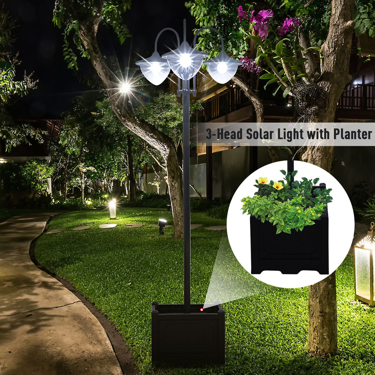 ABS Plastic 189cm 3-head Solar Powered Garden Lamp Post With Planter - Velmora