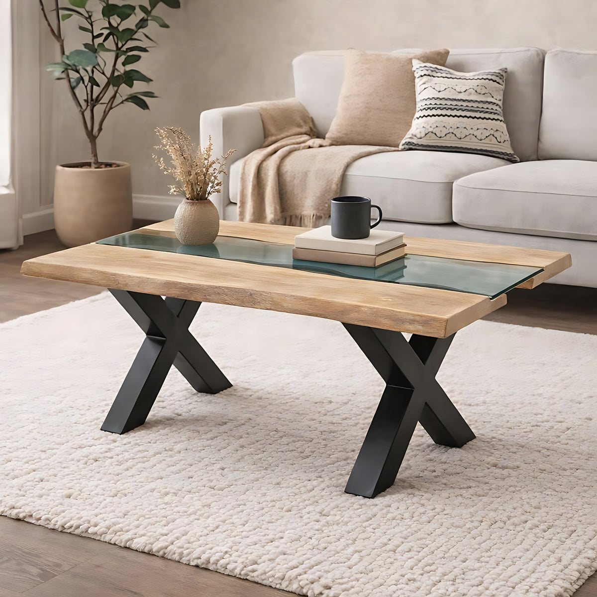 Acacia Wood Coffee Table 115cm Wide With Glass Vessels - Hawthorn & Hearth