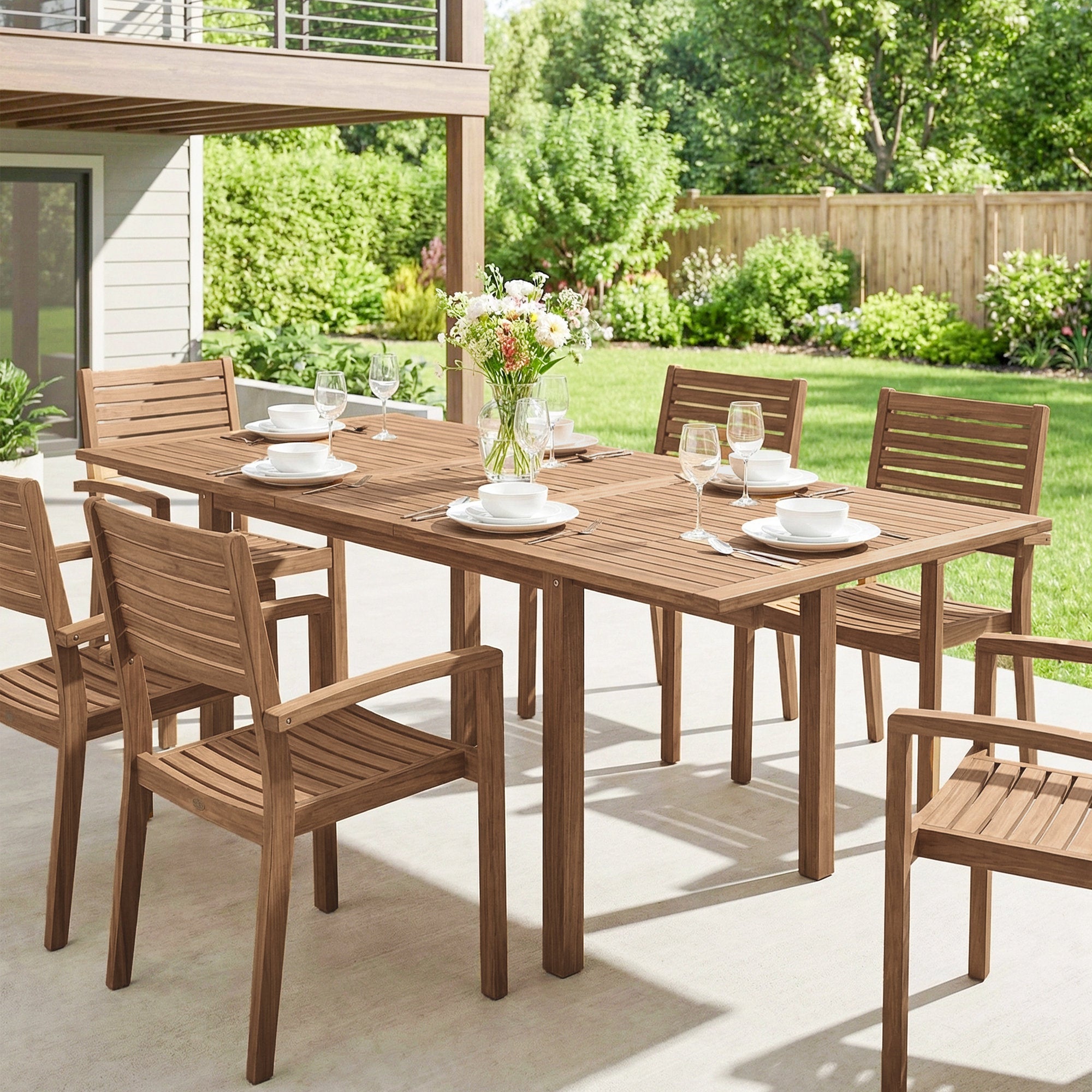 Acacia Wood Slatted Top Outdoor Garden Extending Dining Table for 6 to 8 People - Velmora