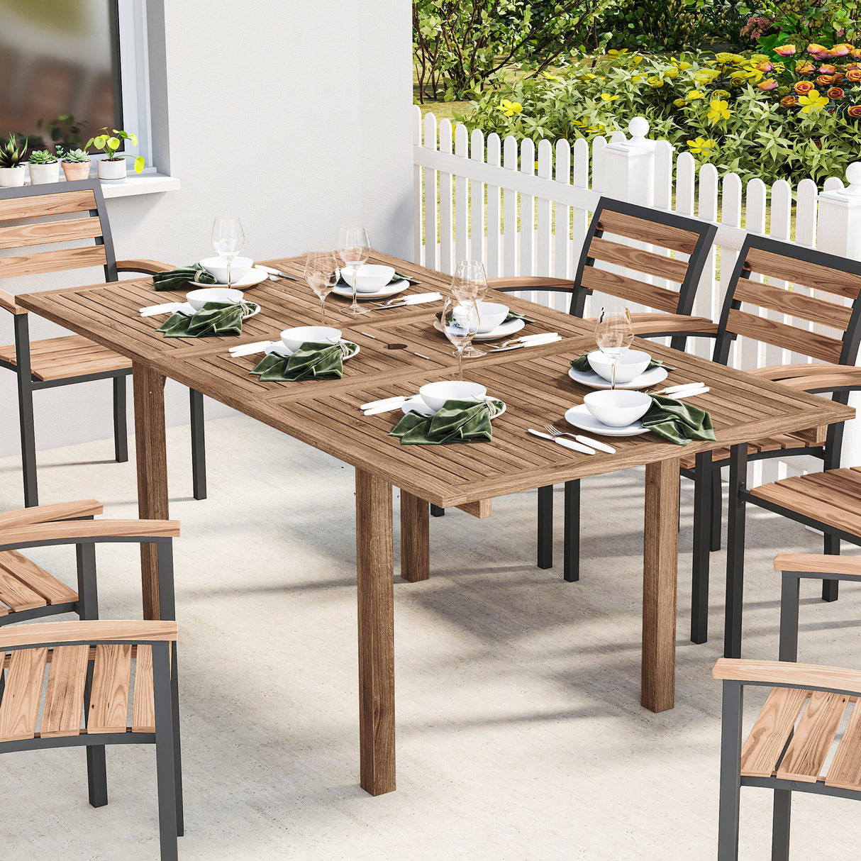 Acacia Wood Slatted Top Outdoor Garden Extending Dining Table for 6 to 8 People - Velmora