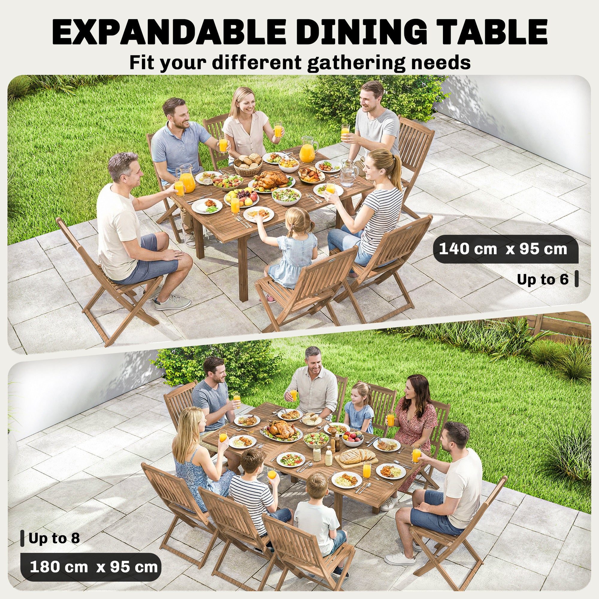 Acacia Wood Slatted Top Outdoor Garden Extending Dining Table for 6 to 8 People - Velmora
