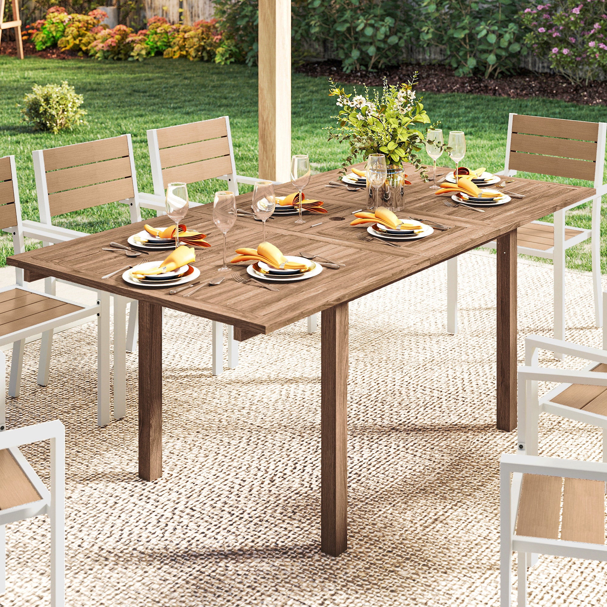 Acacia Wood Slatted Top Outdoor Garden Extending Dining Table for 6 to 8 People - Velmora