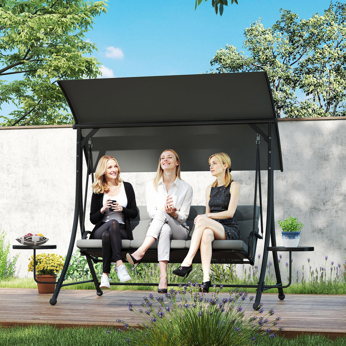 Alloy Steel 3 Seater Garden Swing Bench With Adjustable Canopy And Table - Velmora