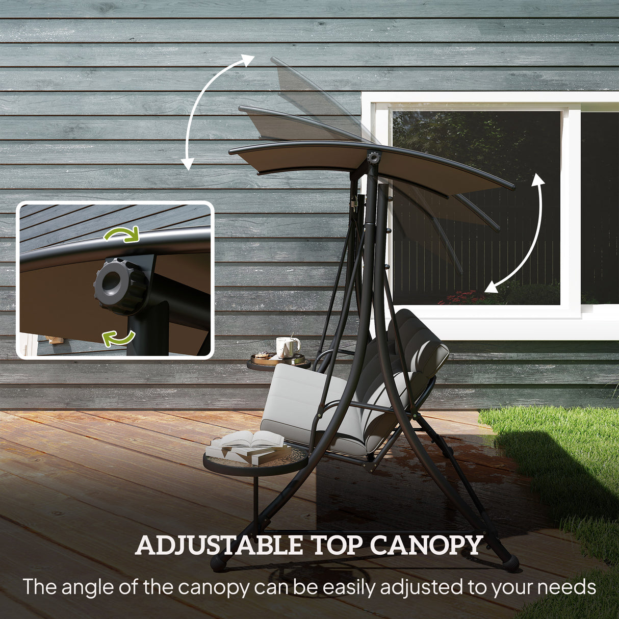 Alloy Steel 3 Seater Garden Swing Bench With Adjustable Canopy And Table - Velmora