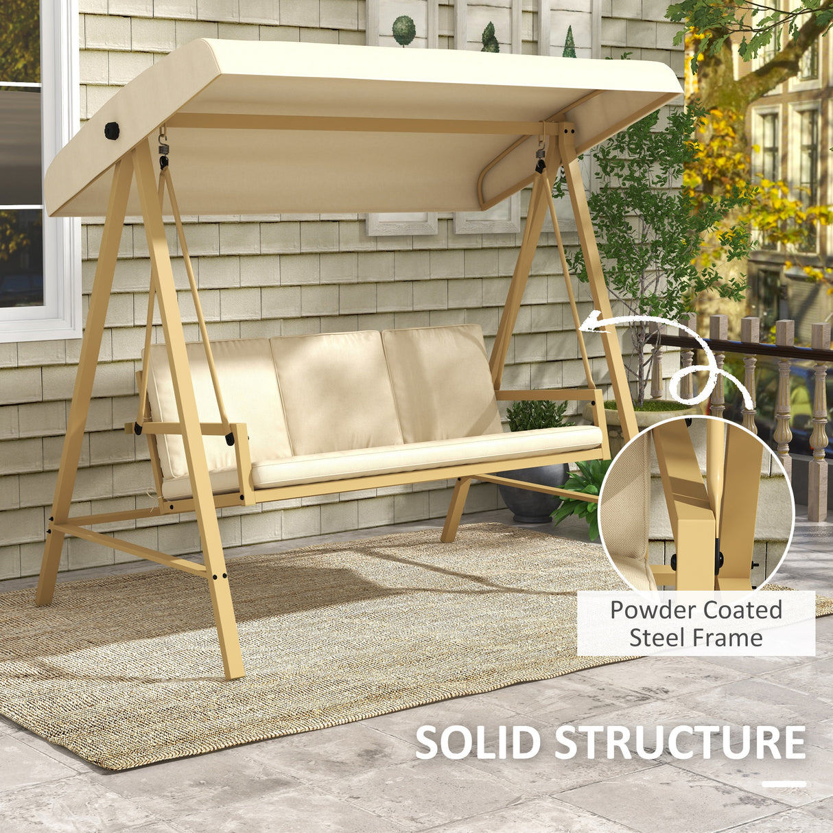 Alloy Steel 3 Seater Garden Swing Chair With Adjustable Canopy - Velmora