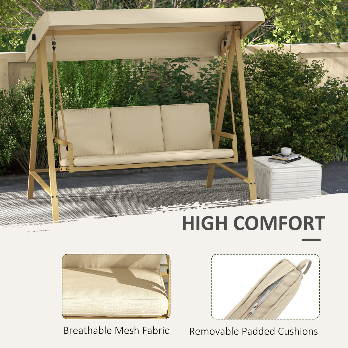 Alloy Steel 3 Seater Garden Swing Chair With Adjustable Canopy - Velmora