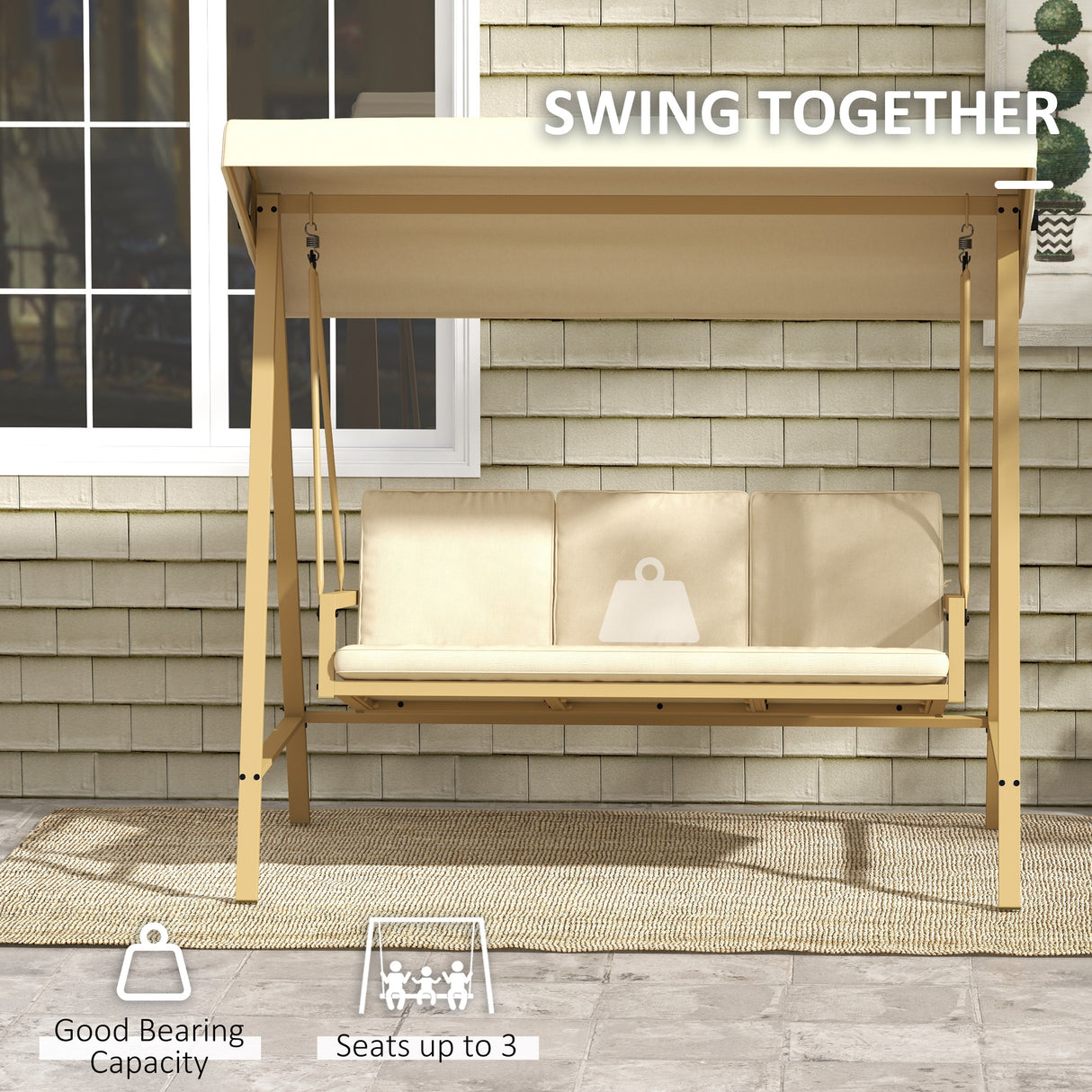 Alloy Steel 3 Seater Garden Swing Chair With Adjustable Canopy - Velmora