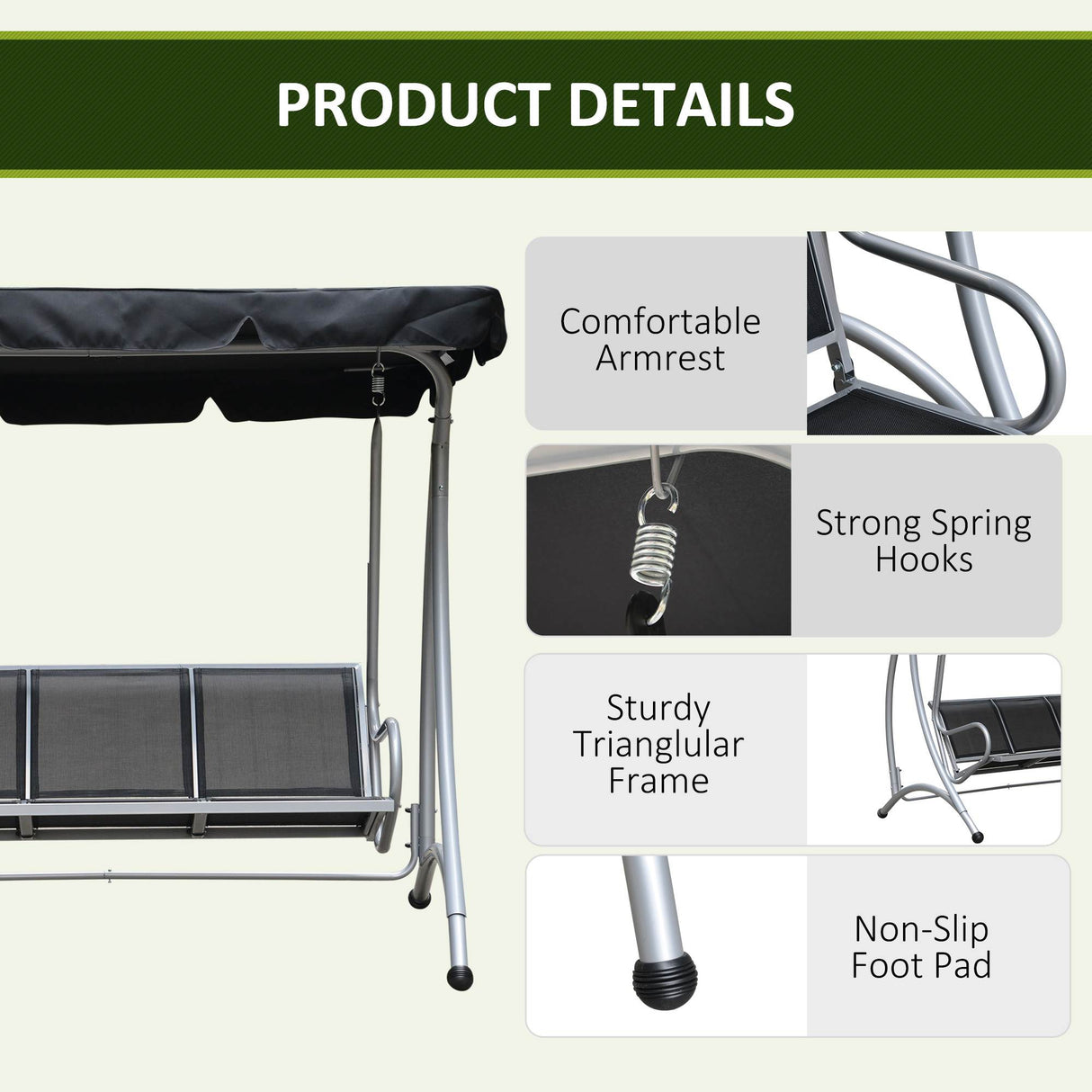 Alloy Steel 3 Seater Porch Swing Chair Bench With Canopy - Velmora