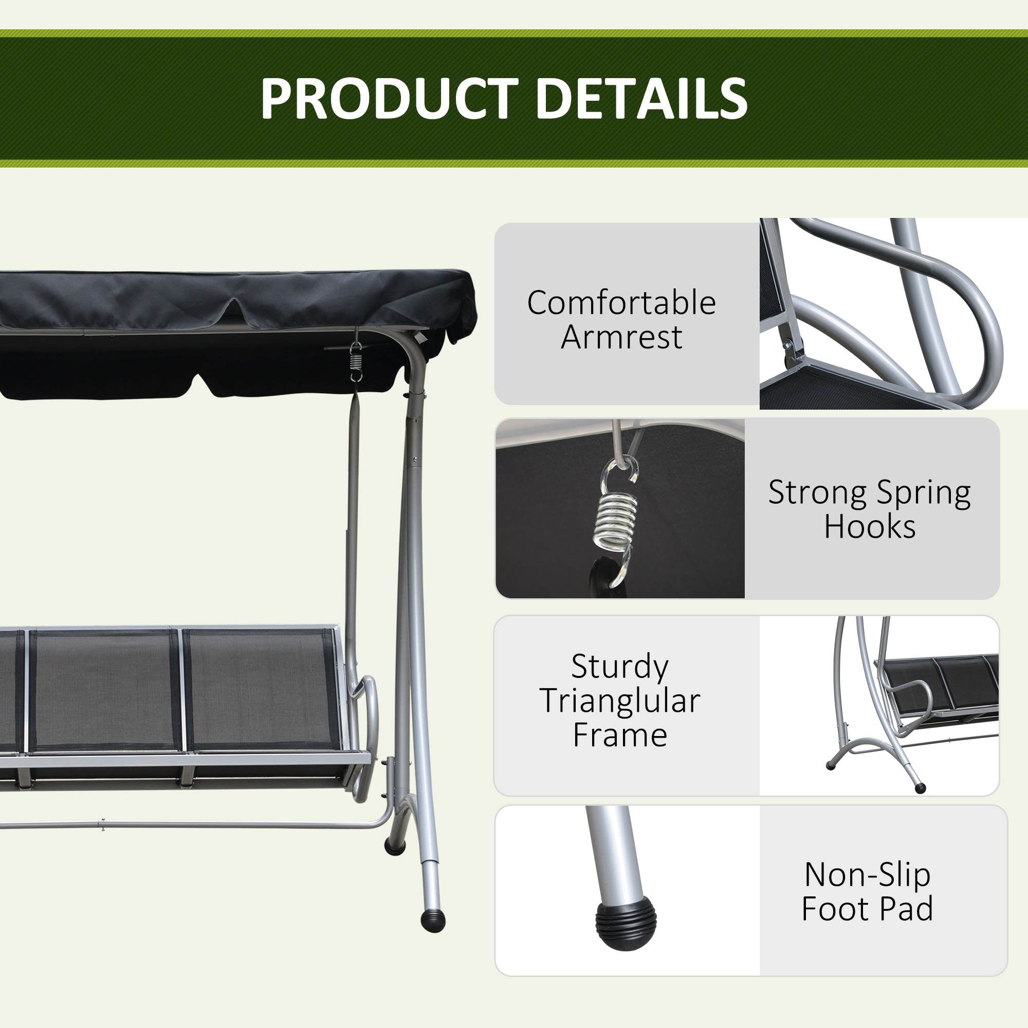Alloy Steel 3 Seater Porch Swing Chair Bench With Canopy - Velmora