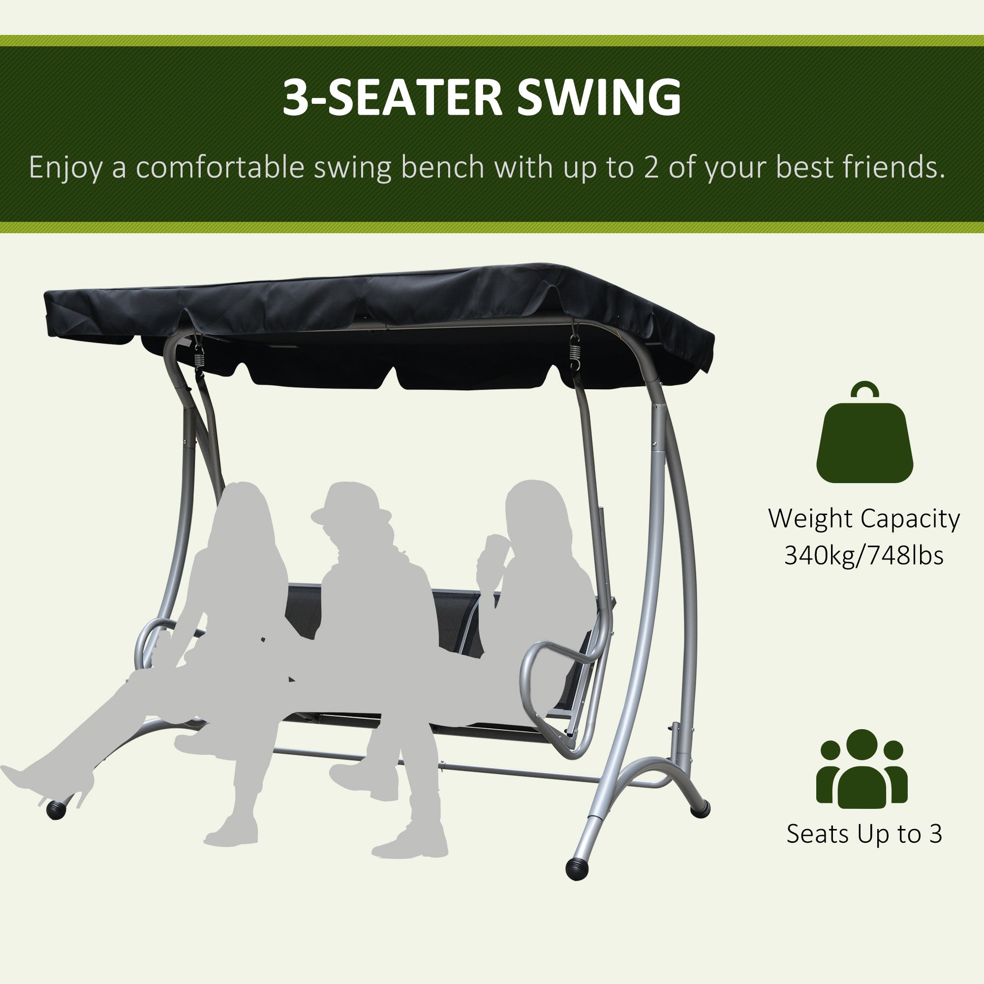 Alloy Steel 3 Seater Porch Swing Chair Bench With Canopy - Velmora