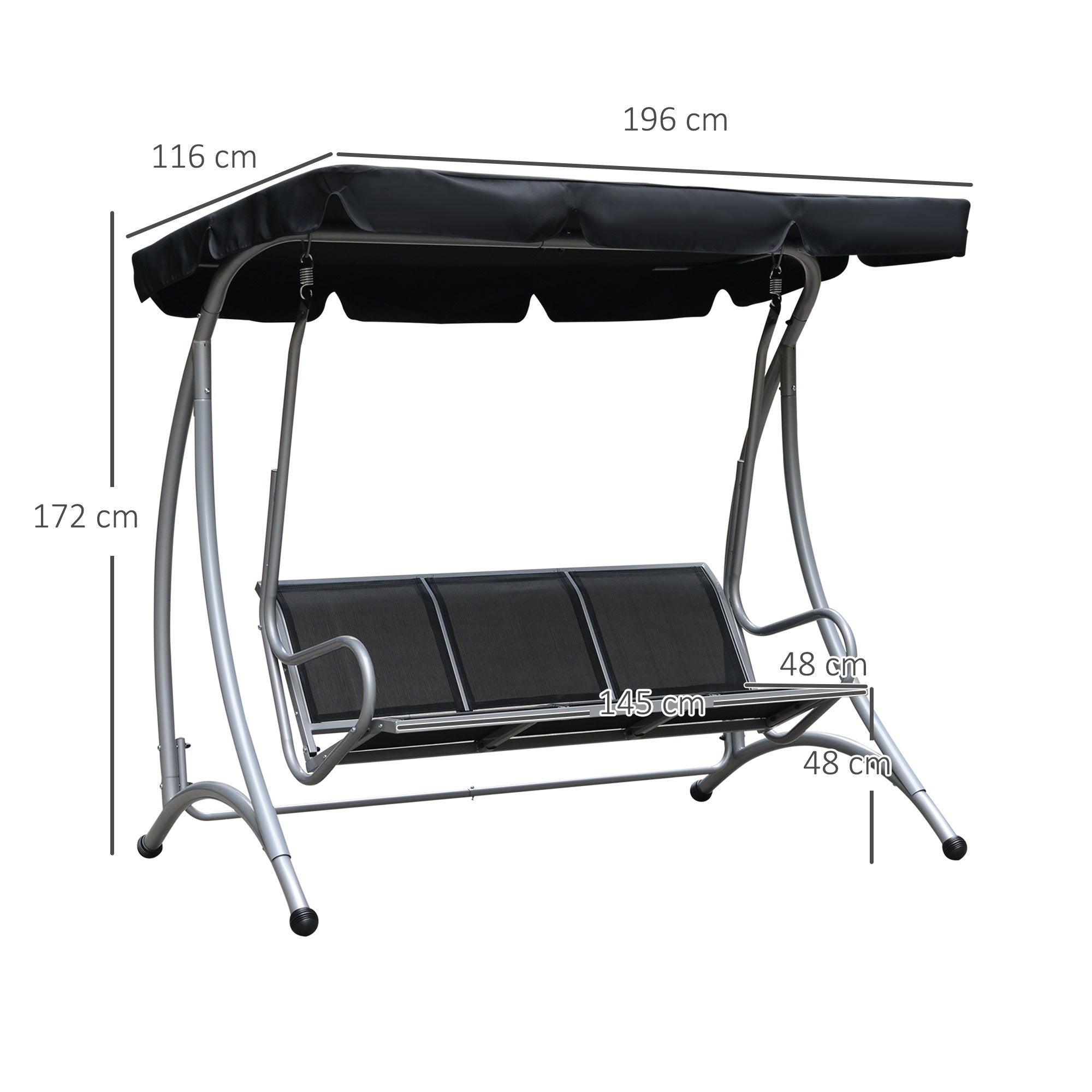 Alloy Steel 3 Seater Porch Swing Chair Bench With Canopy - Velmora