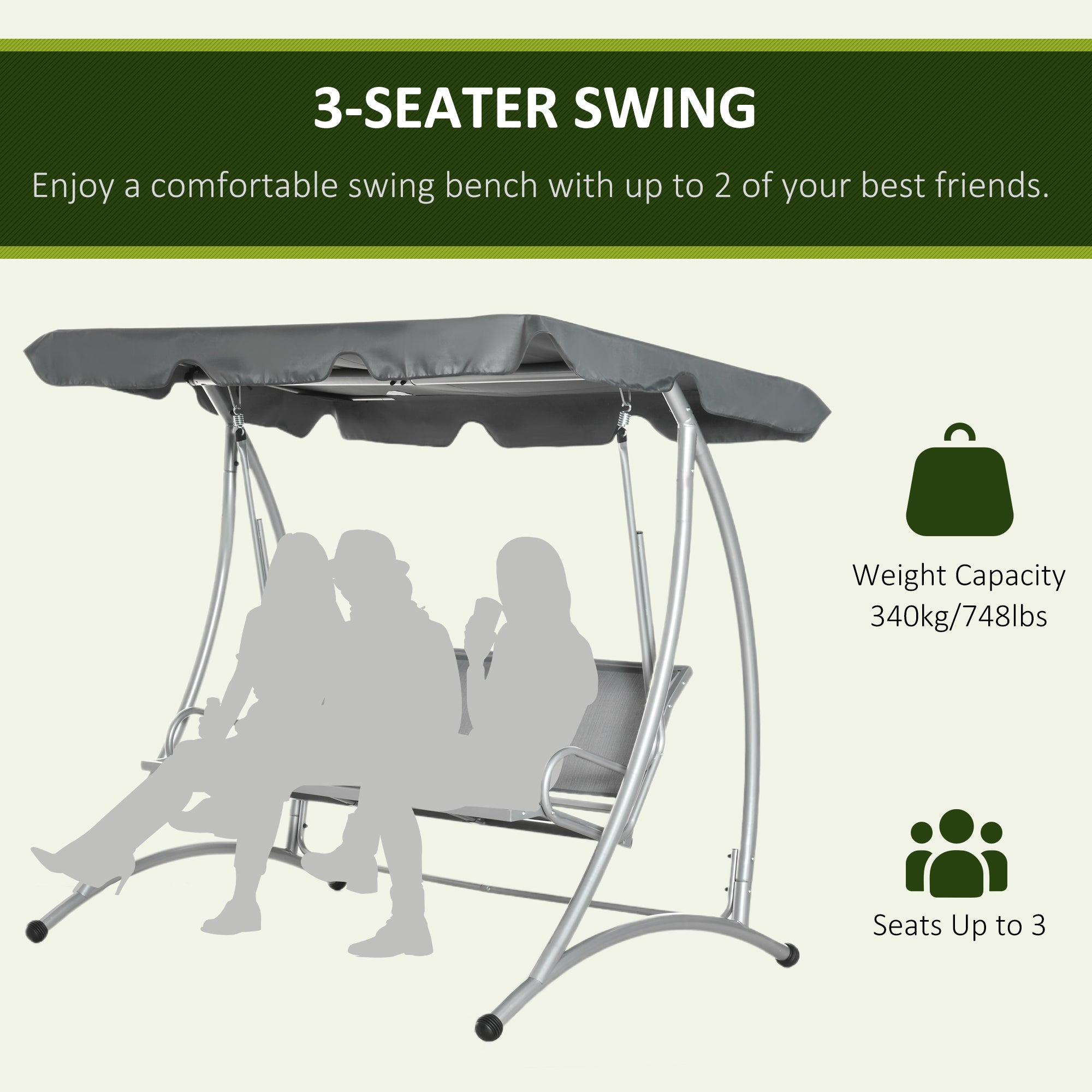 Alloy Steel 3 Seater Porch Swing Chair Bench With Canopy - Velmora