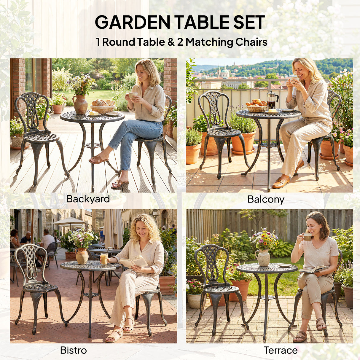 Aluminium 3 Piece Patio Garden Bistro Set in Shabby Chic Style - Velmora
