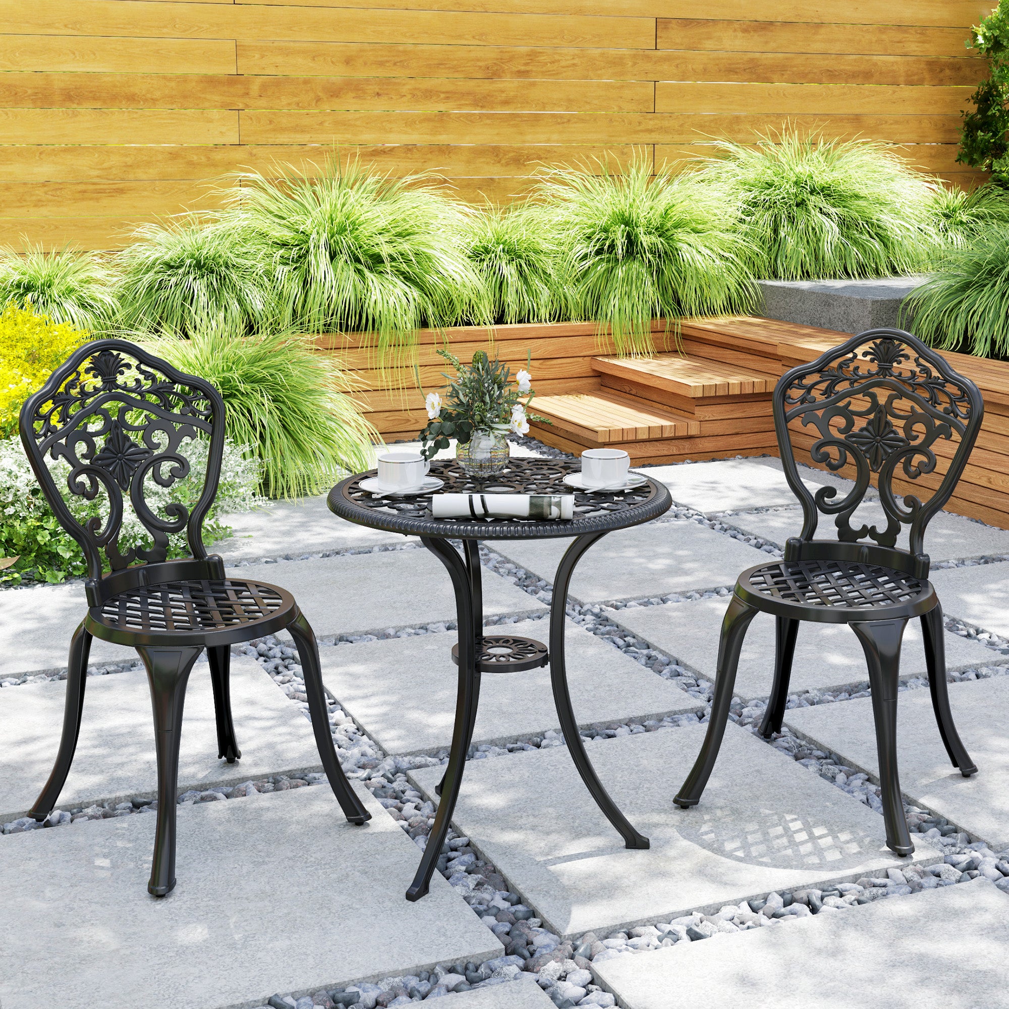 Aluminium 3 Pieces Floral Bistro Set With Round Table - Velmora