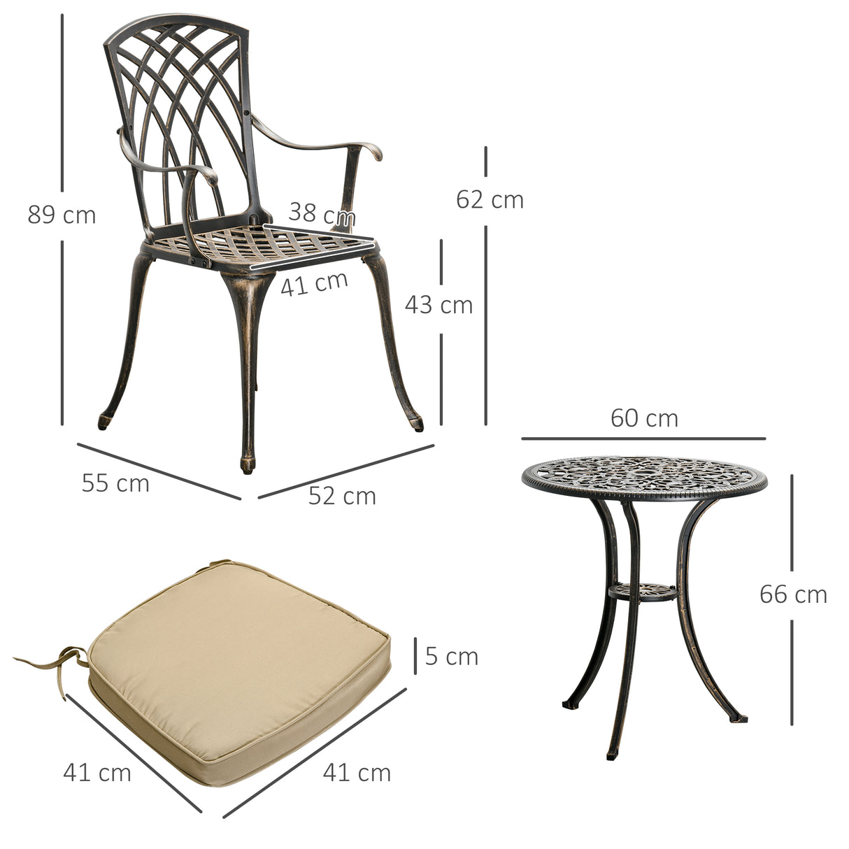 Aluminium 3 Pieces Garden Bistro Set for 2 People With Cushions - Velmora