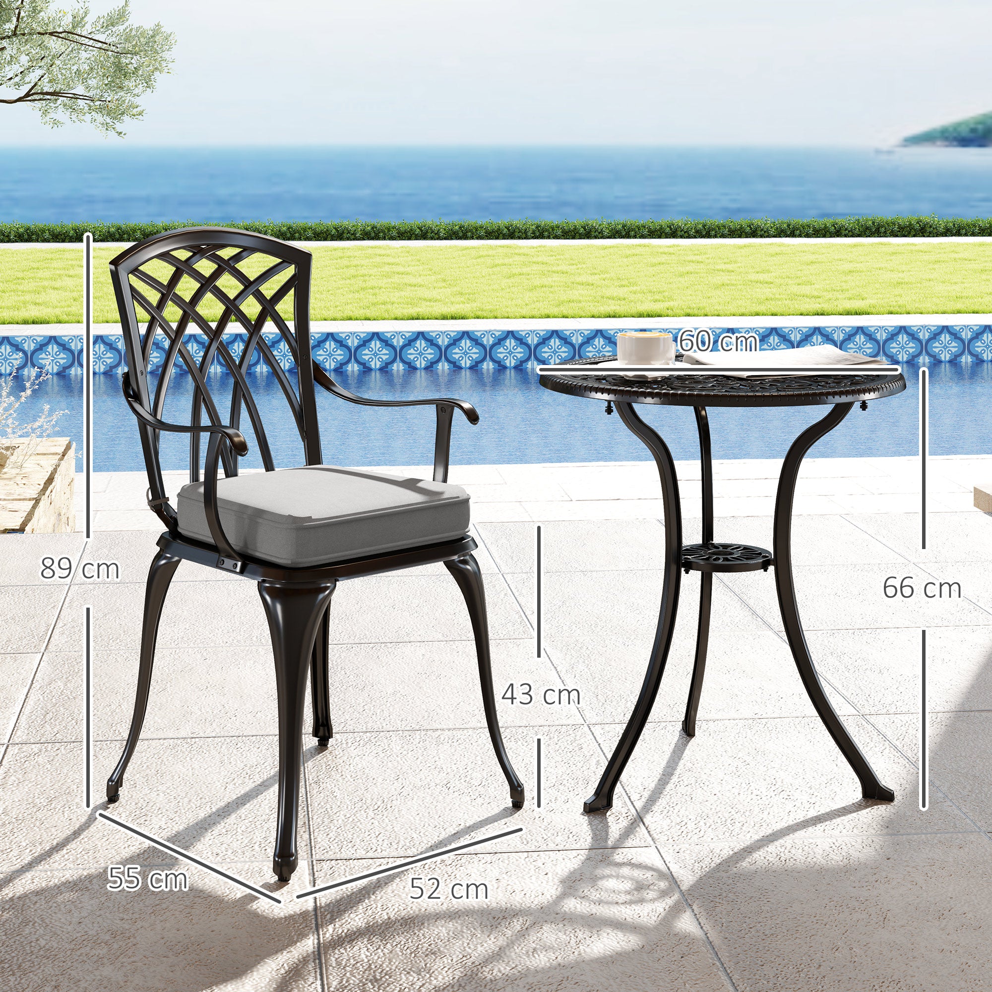 Aluminium 3 Pieces Garden Bistro Set for 2 People With Cushions - Velmora