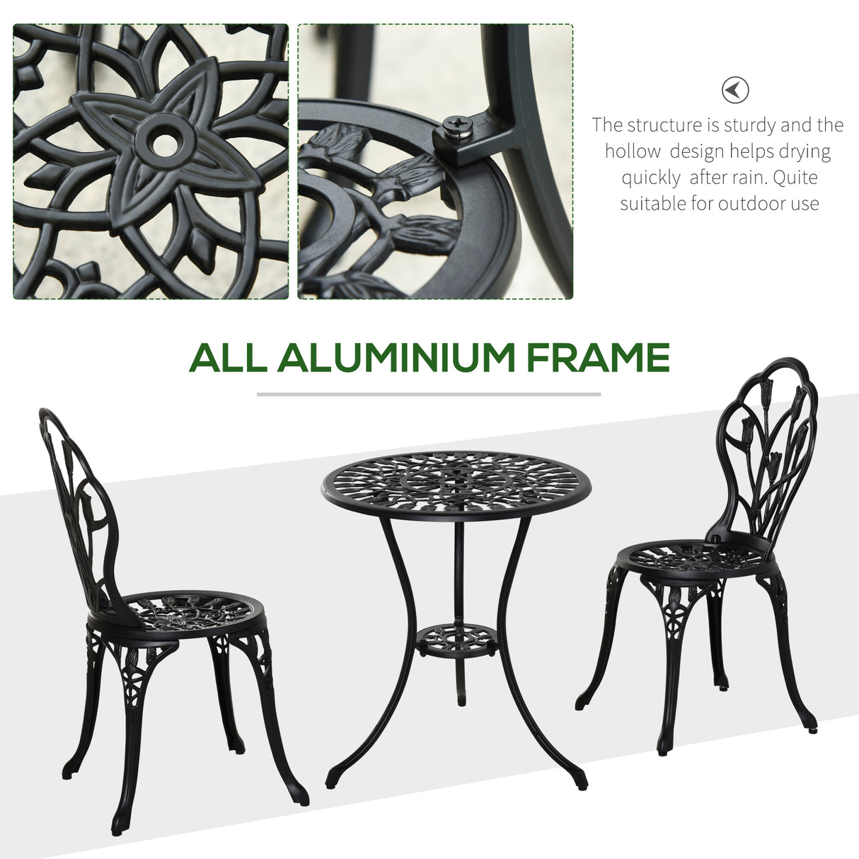 Aluminium 3 Pieces Garden Bistro Set With Parasol Hole for Balcony - Velmora