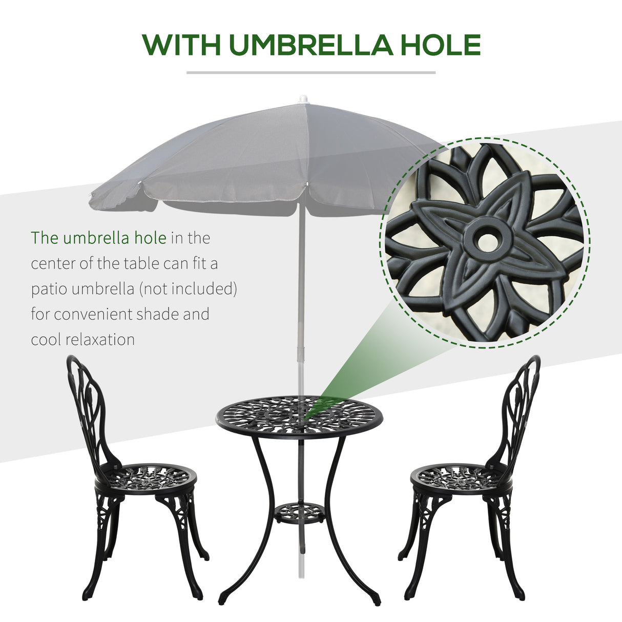 Aluminium 3 Pieces Garden Bistro Set With Parasol Hole for Balcony - Velmora