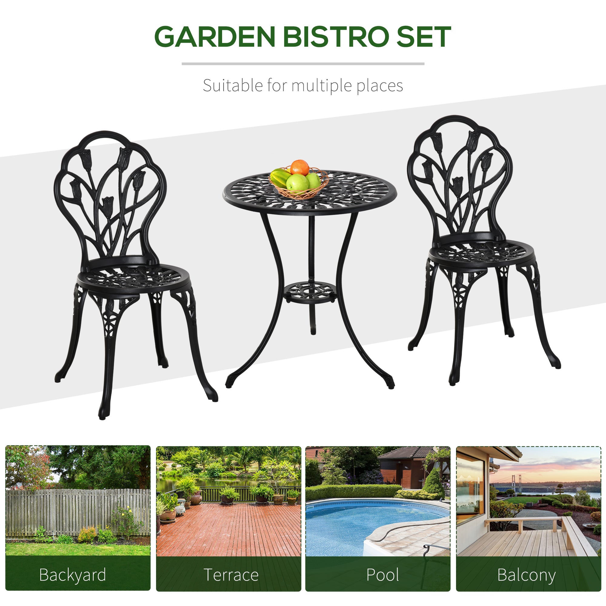 Aluminium 3 Pieces Garden Bistro Set With Parasol Hole for Balcony - Velmora