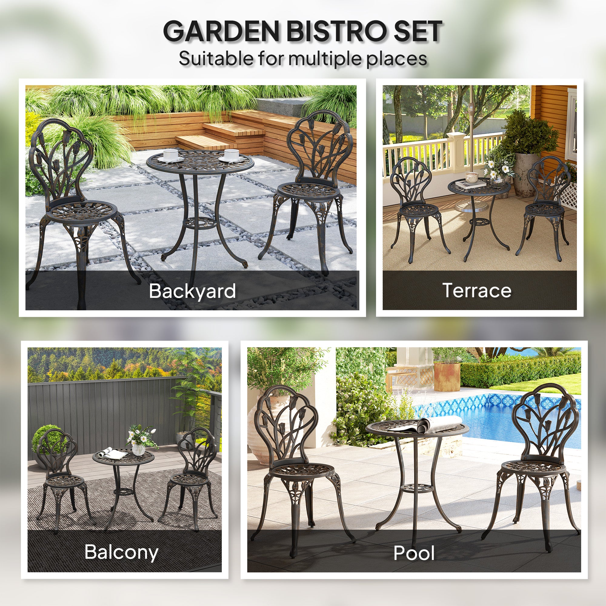 Aluminium 3 Pieces Garden Bistro Set With Parasol Hole for Balcony - Velmora