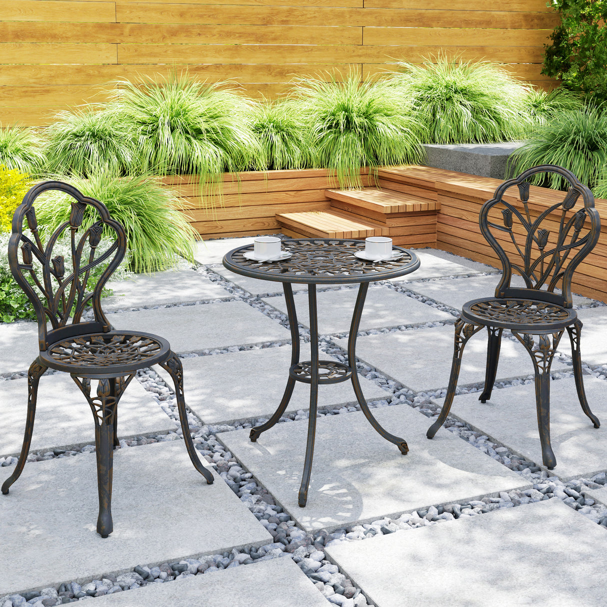 Aluminium 3 Pieces Garden Bistro Set With Parasol Hole for Balcony - Velmora