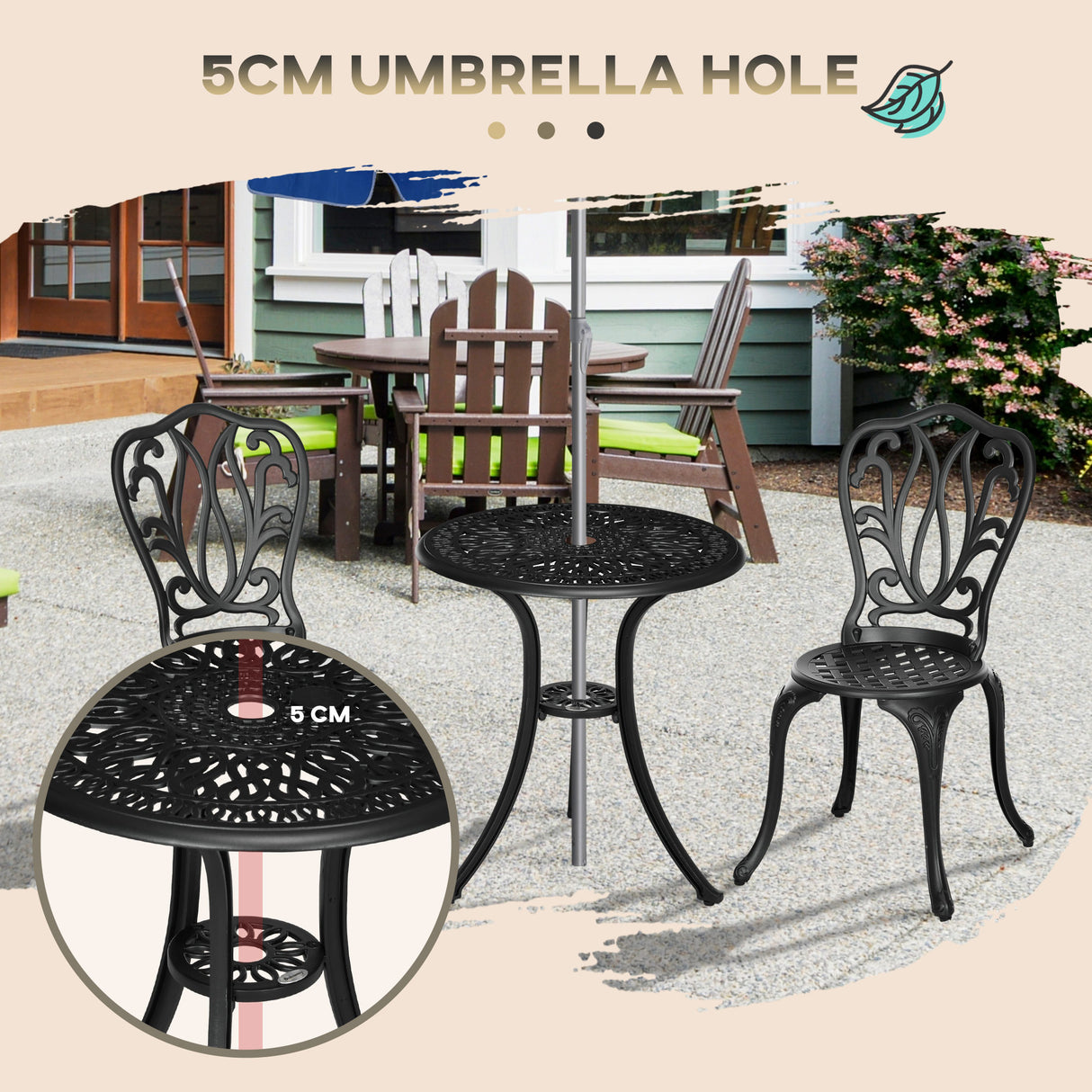 Aluminium 3 Pieces Garden Bistro Set With Parasol Hole - Velmora