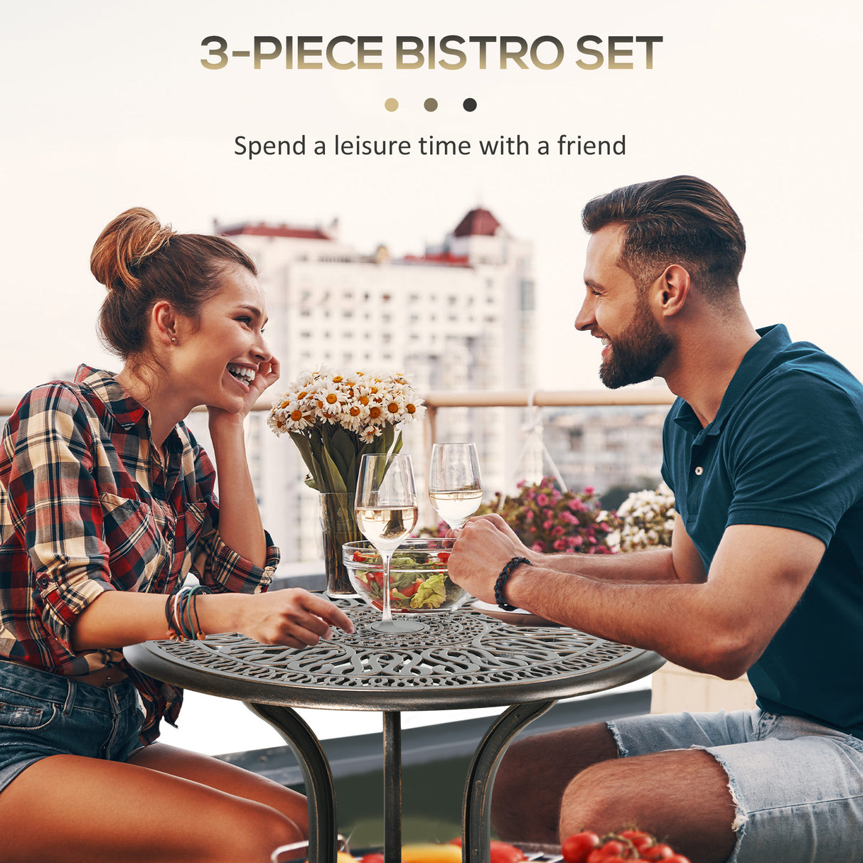 Aluminium 3 Pieces Garden Bistro Set With Parasol Hole - Velmora