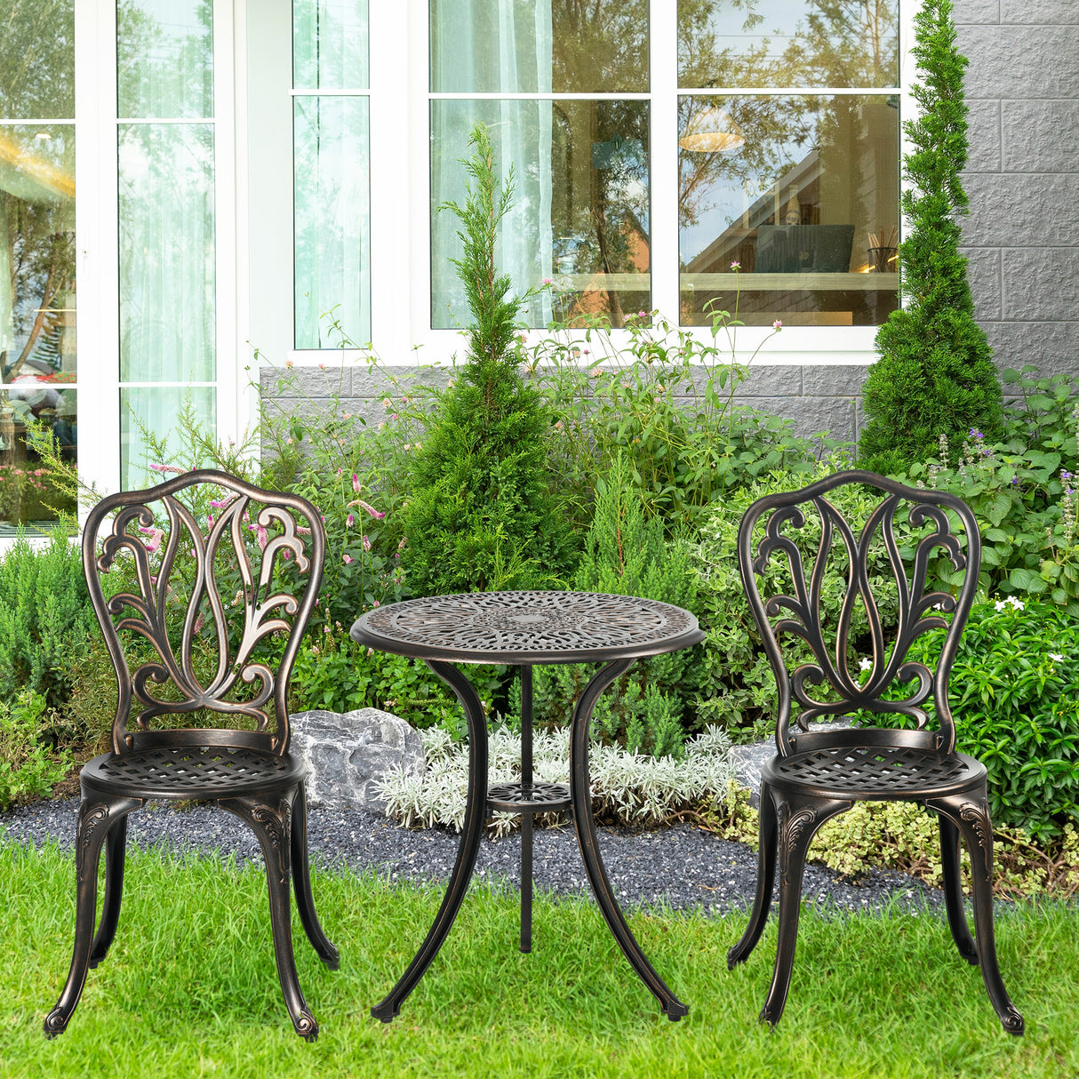 Aluminium 3 Pieces Garden Bistro Set With Parasol Hole - Velmora