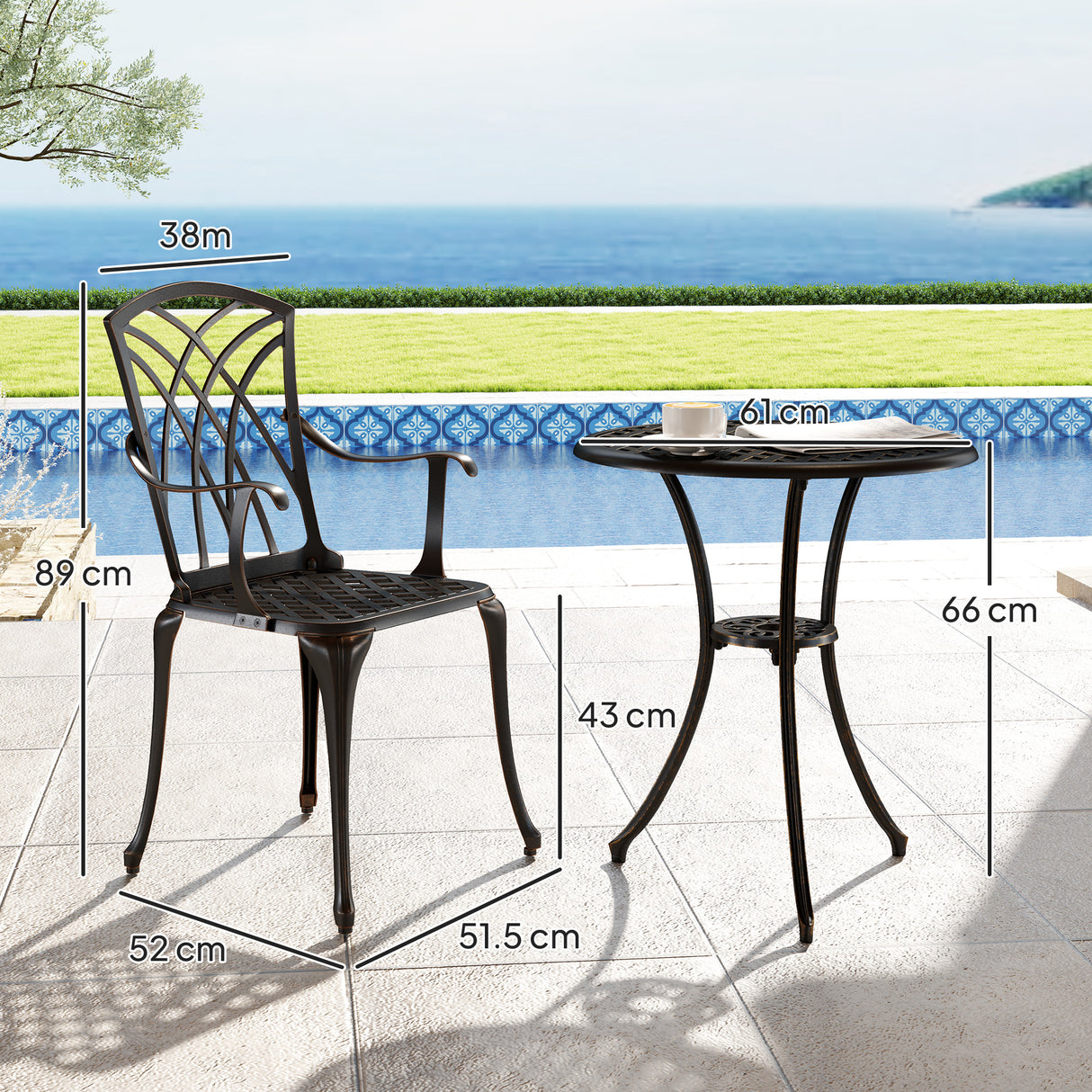 Aluminium 3 Pieces Round Garden Bistro Set With 2 Armchairs - Velmora