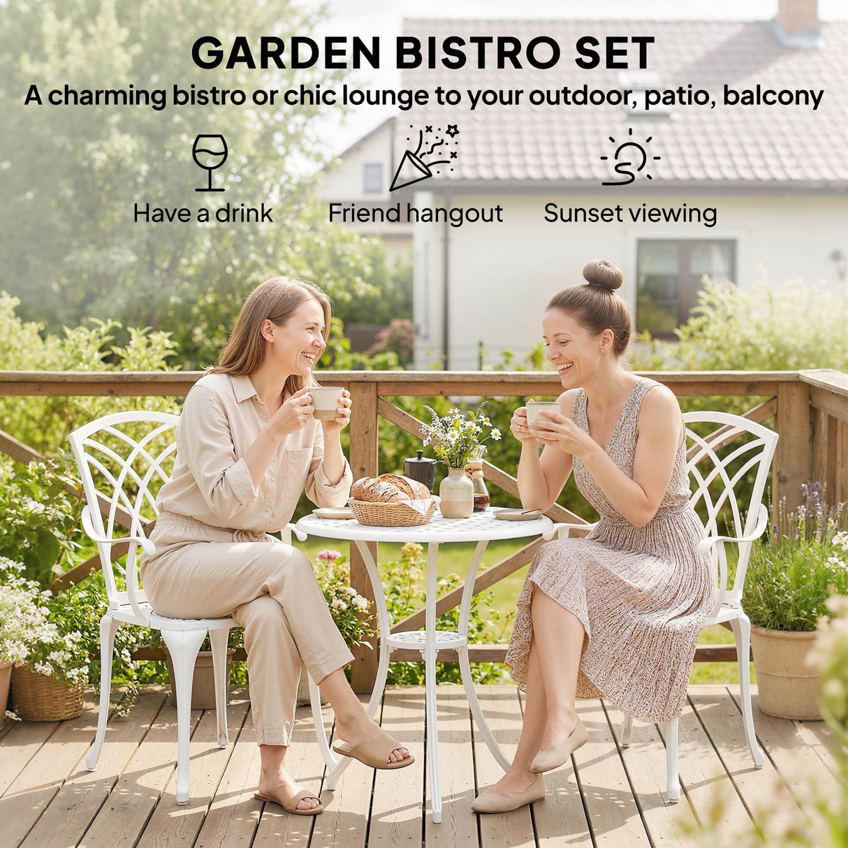 Aluminium 3 Pieces Round Garden Bistro Set With 2 Armchairs - Velmora