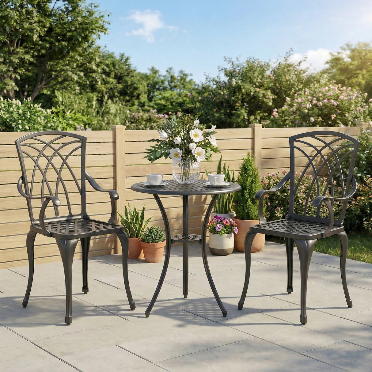 Aluminium 3 Pieces Round Garden Bistro Set With 2 Armchairs - Velmora