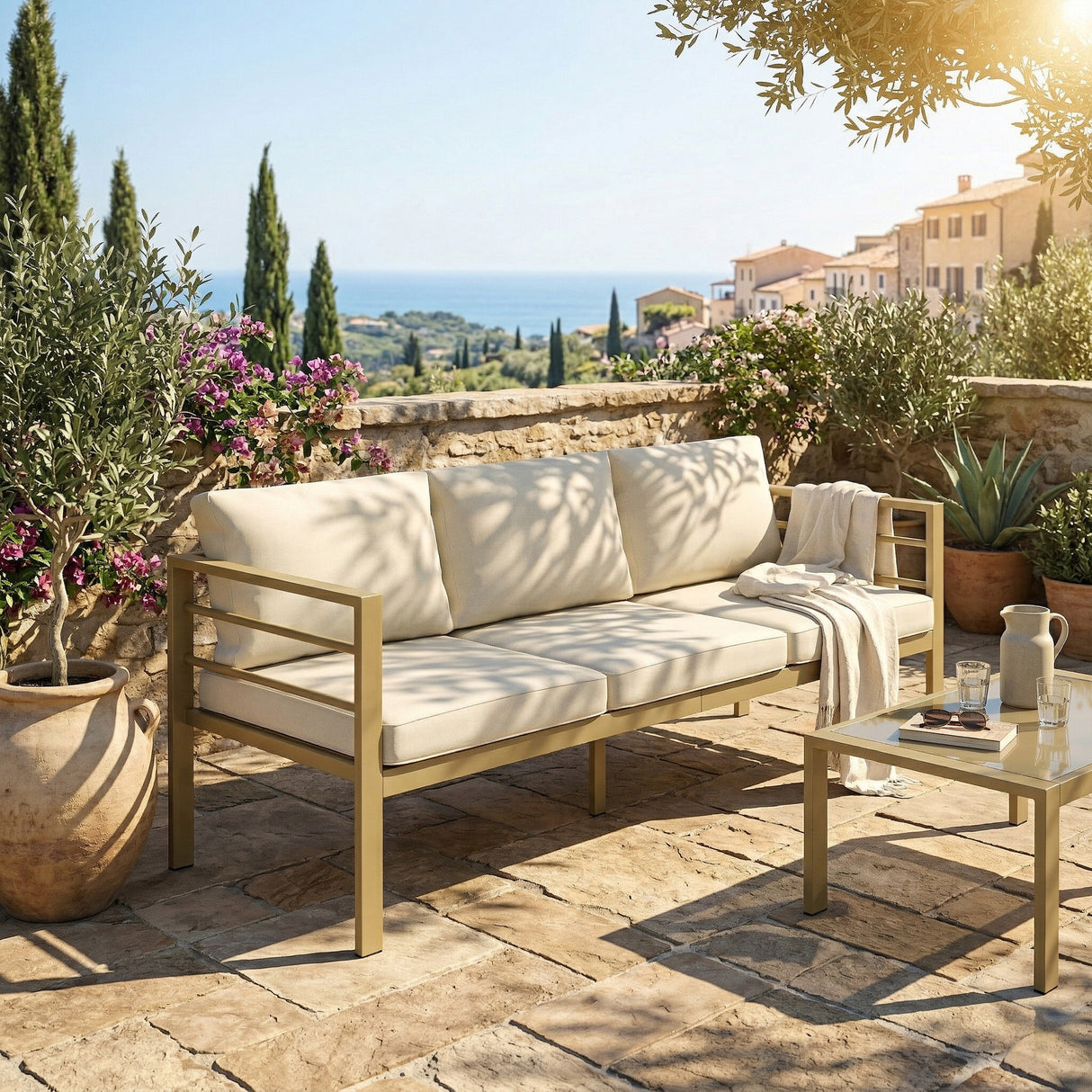Aluminium 3 Seater Garden Bench With Cushions - Velmora