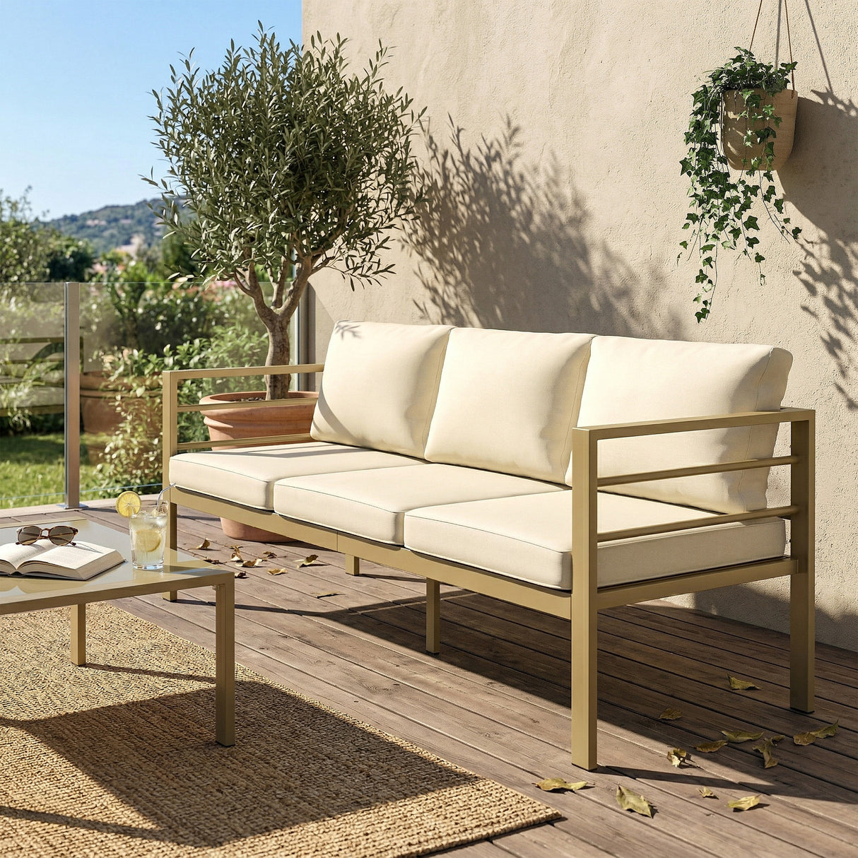 Aluminium 3 Seater Garden Bench With Cushions - Velmora