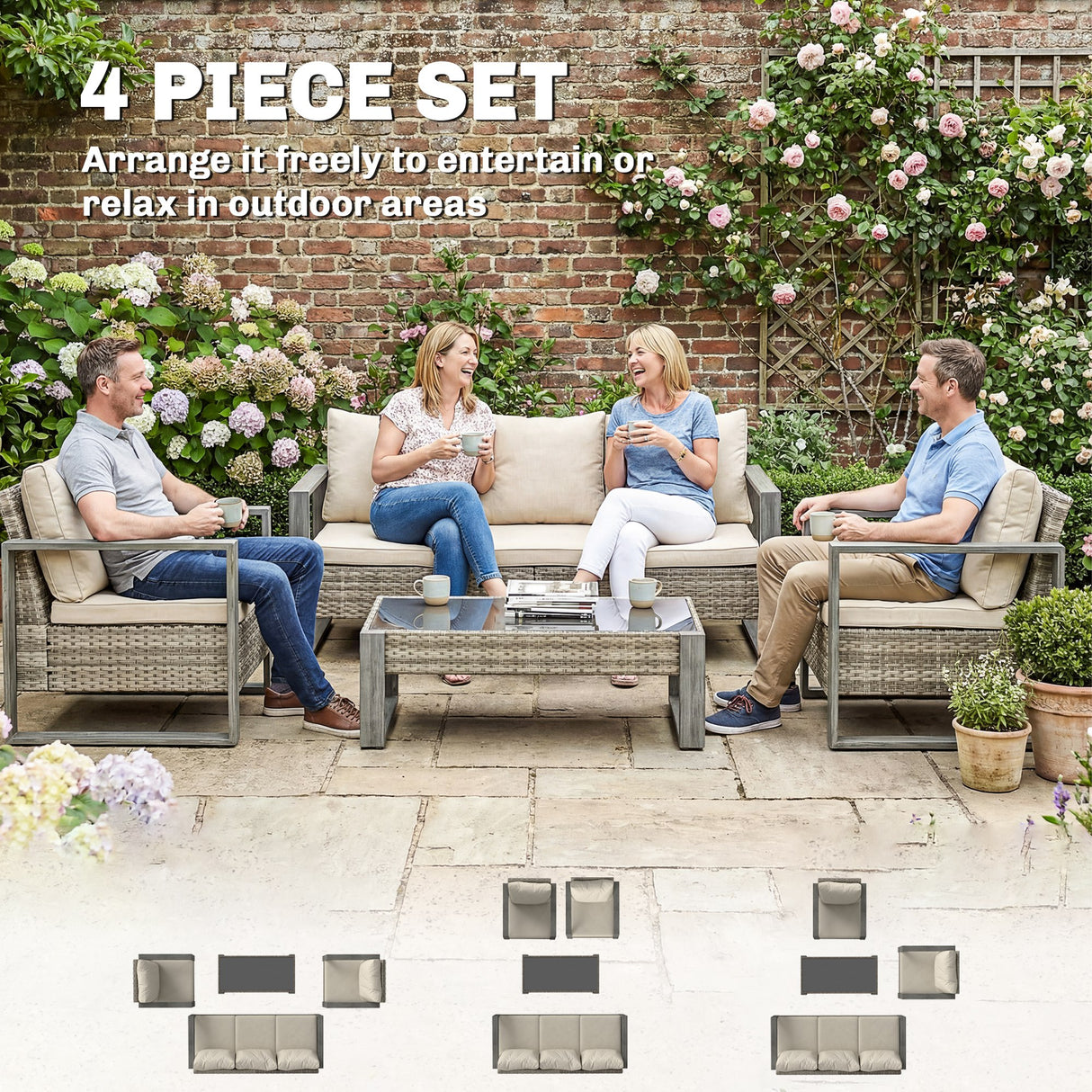Aluminium 4 Pieces Garden Sofa Set With 3 Seater Sofa and Armchairs - Velmora