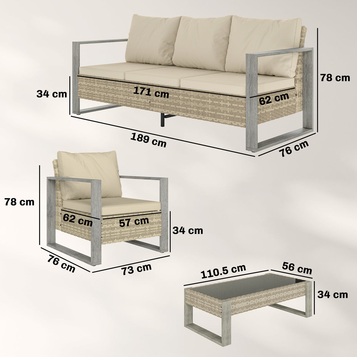 Aluminium 4 Pieces Garden Sofa Set With 3 Seater Sofa and Armchairs - Velmora