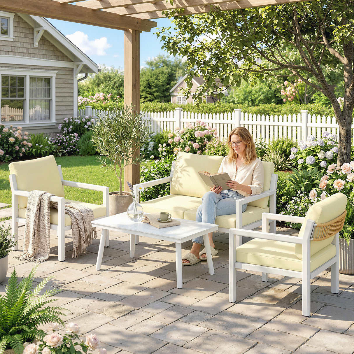 Aluminium 4 Seater Garden Sofa Set With 2 Armchairs And Coffee Table - Velmora