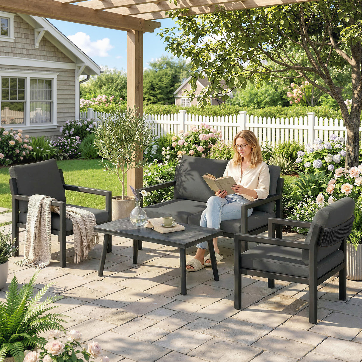 Aluminium 4 Seater Garden Sofa Set With 2 Armchairs And Coffee Table - Velmora