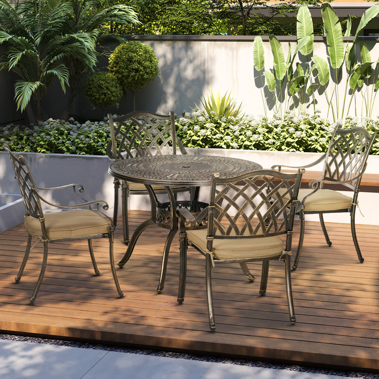 Aluminium 4 Seater Round Garden Dining Set With Cushions - Velmora