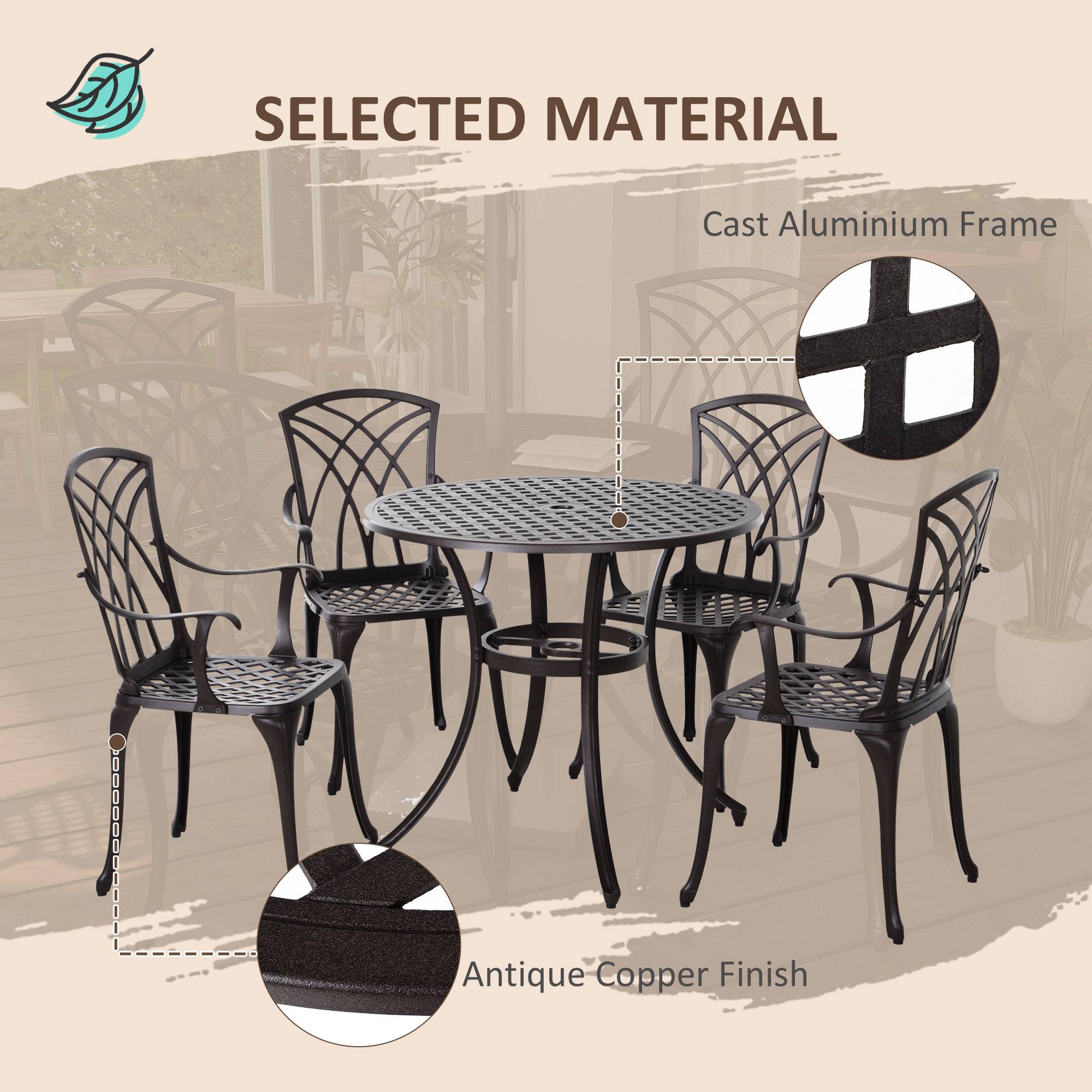 Aluminium 5 Pieces Round Garden Dining Set for 4 People - Velmora