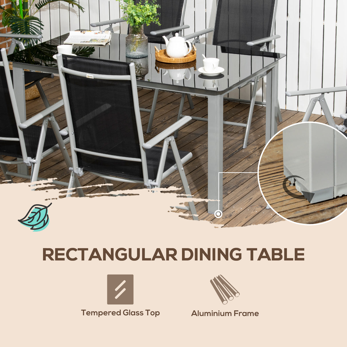 Aluminium 6 Seater Garden Dining Set With 6 Folding and Reclining Chairs - Velmora