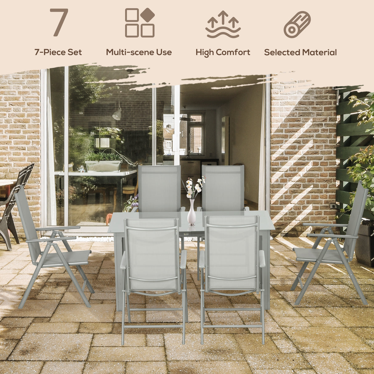 Aluminium 6 Seater Garden Dining Set With 6 Folding and Reclining Chairs - Velmora