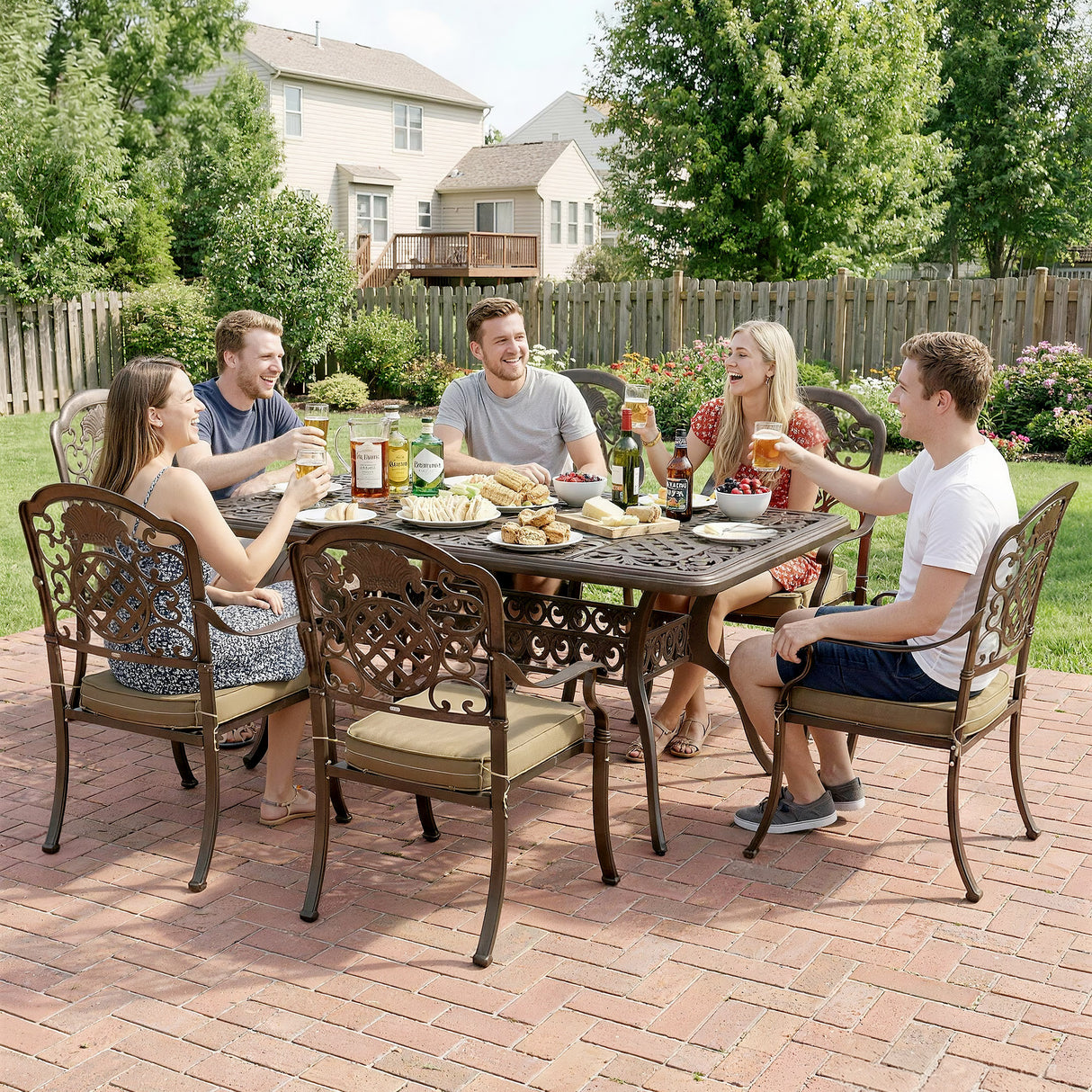 Aluminium 6 Seater Garden Dining Set With Cushions and Parasol Hole - Velmora