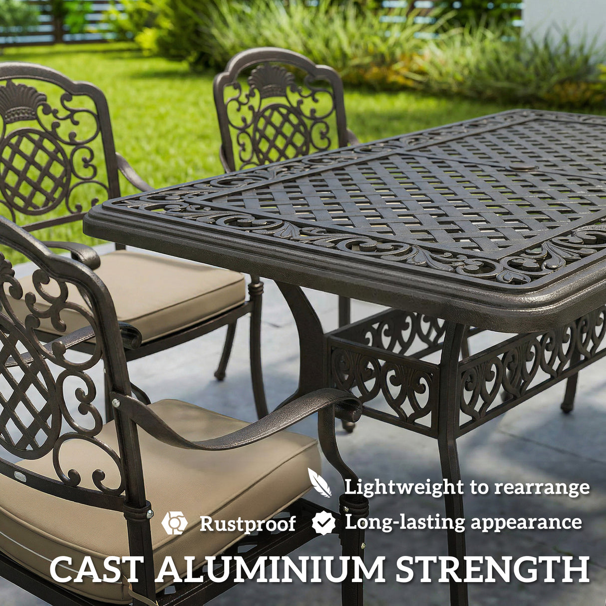 Aluminium 6 Seater Garden Dining Set With Cushions and Parasol Hole - Velmora
