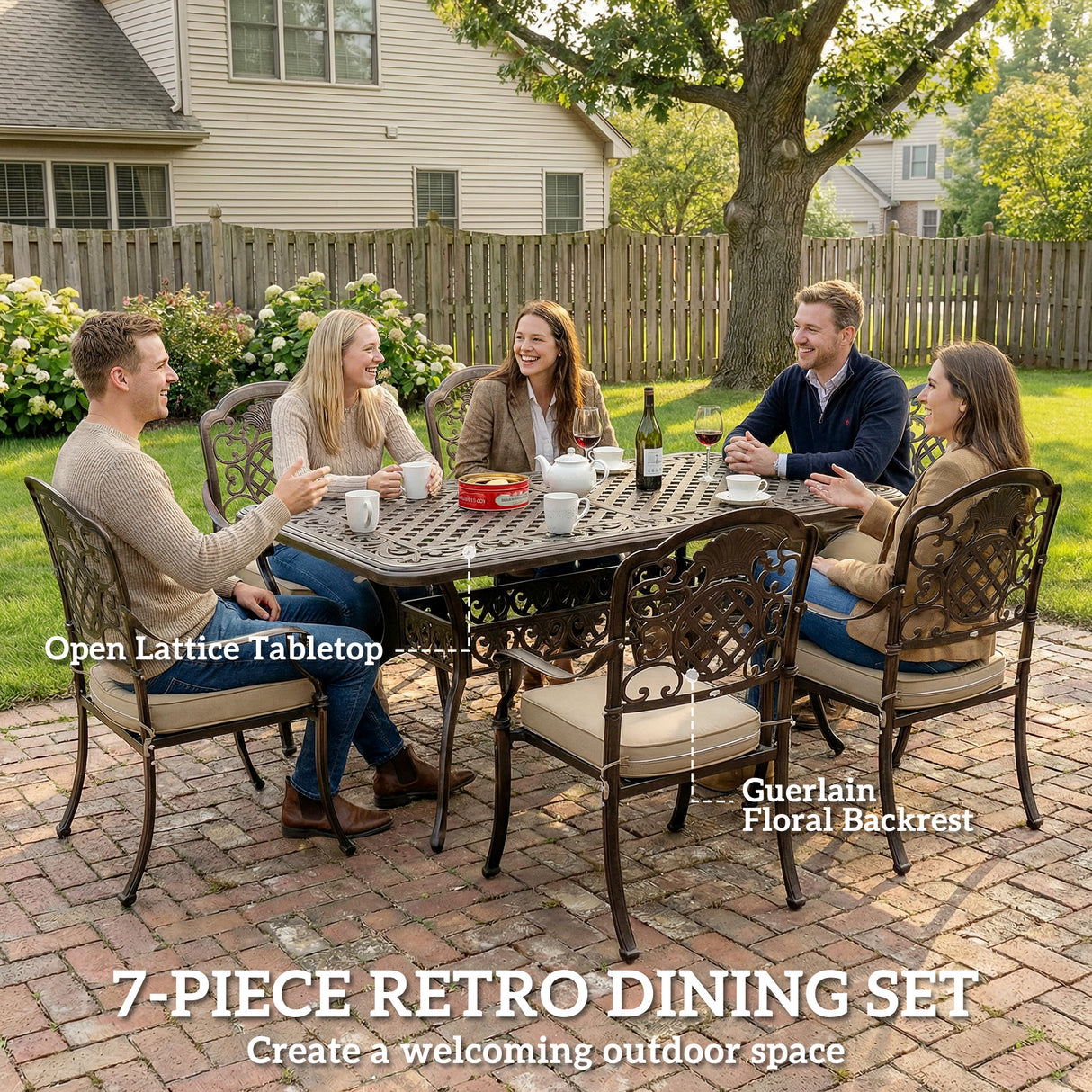 Aluminium 6 Seater Garden Dining Set With Cushions and Parasol Hole - Velmora